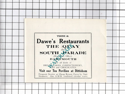 Dawe's Restaurants Dartmouth Devon / Dawe's  Mineral Waters - c.1940s SmalAdvert