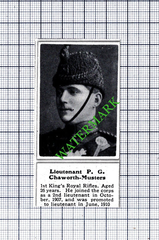 Lt P G Chaworth-Musters 1st King's Royal Rifles WW1 - 1915 SMALL Cutting