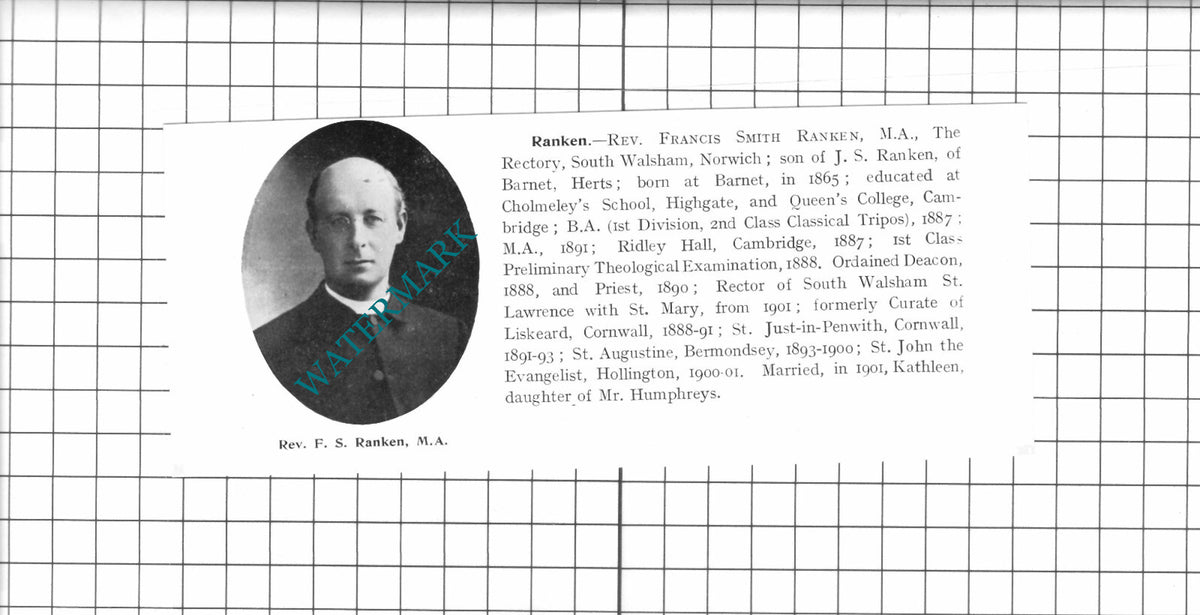 Rev Francis Smith Ranken South Walsham Norfolk    - 1911 Clipping / Print