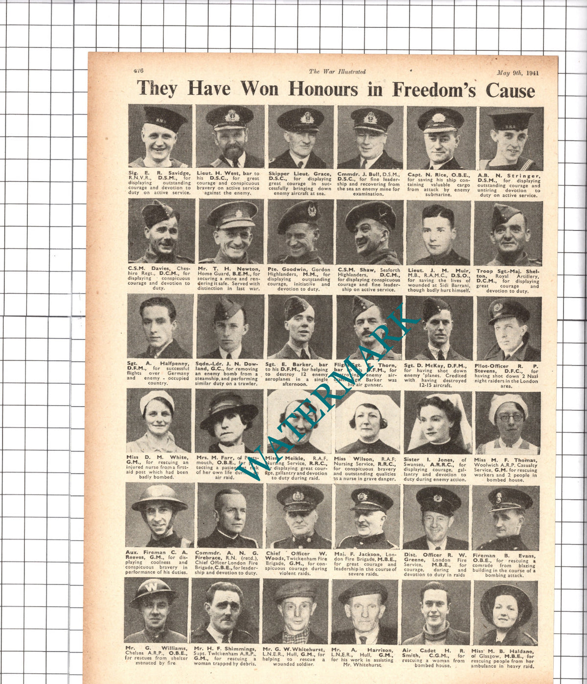 Firebrace Shimmings Whitehurst Haldane Savidge  WW2 - 1941 Cutting / Print