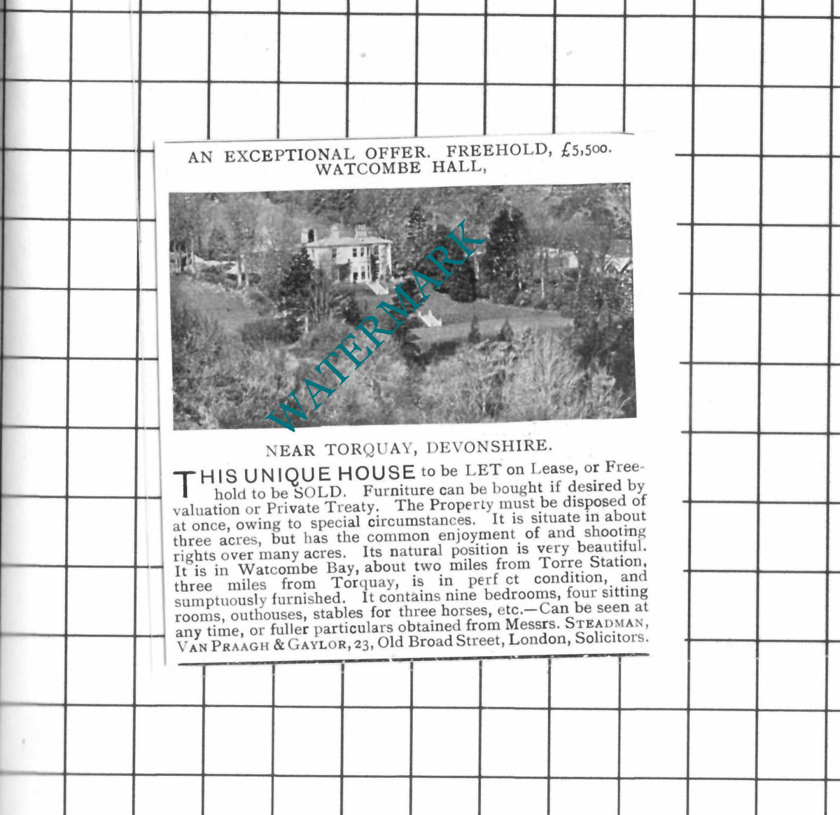 Watcombe Hall Torquay Devonshire House Sale  - 1903 SMALL Advert