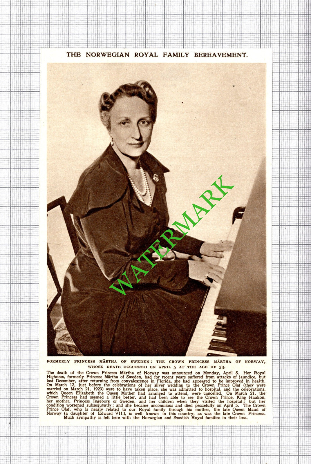 Princess Martha Of Norway Death - 1954 Cutting