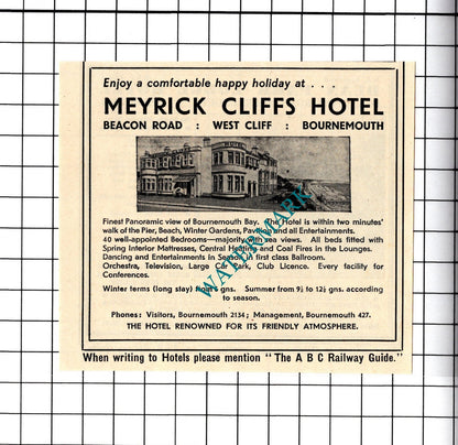 Meyrick Cliffs Hotel Bournemouth / Dean Park Lodge Small Advert -1958 Cutting