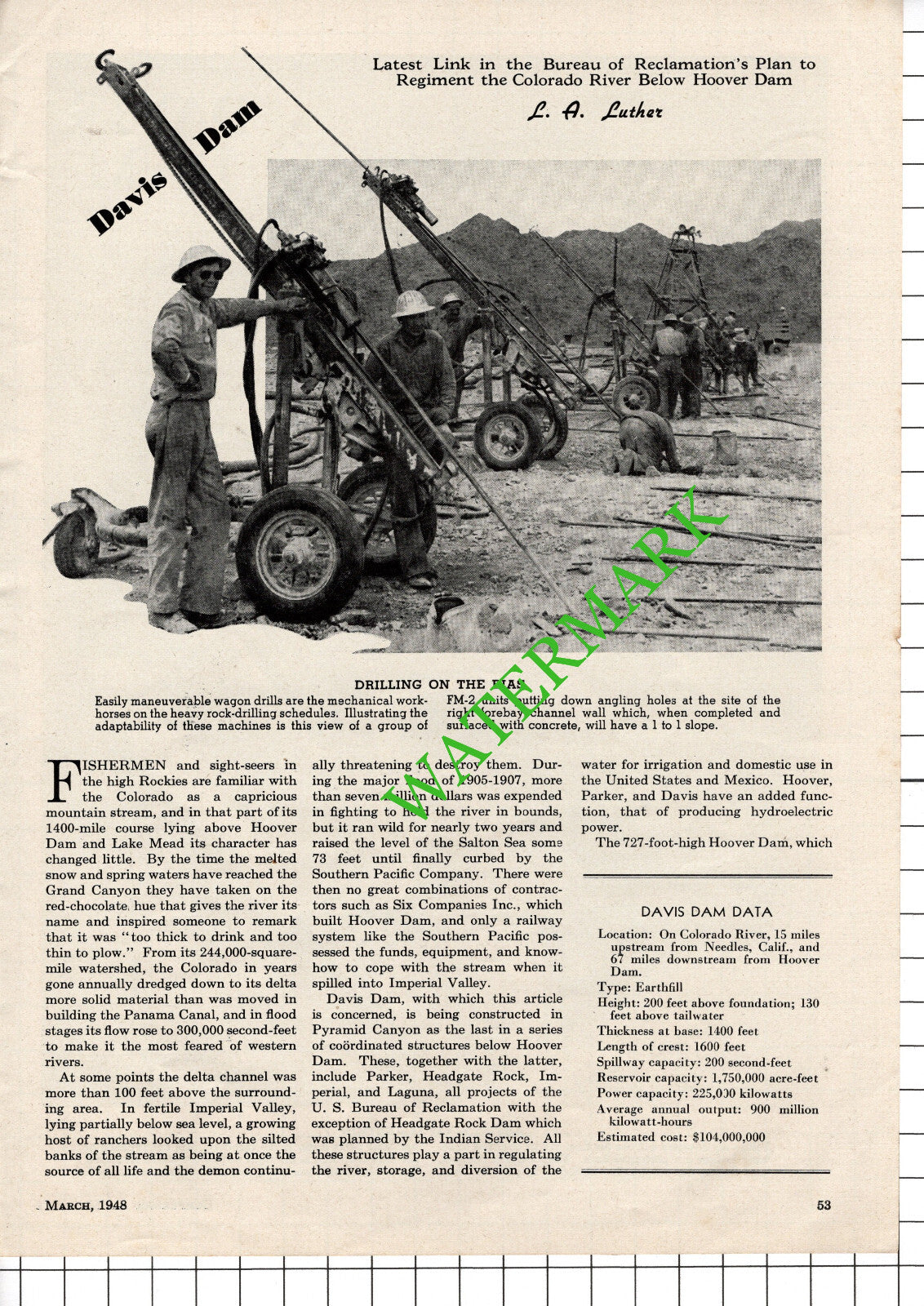 Davis Dam Colorado River USA - 1948 Article