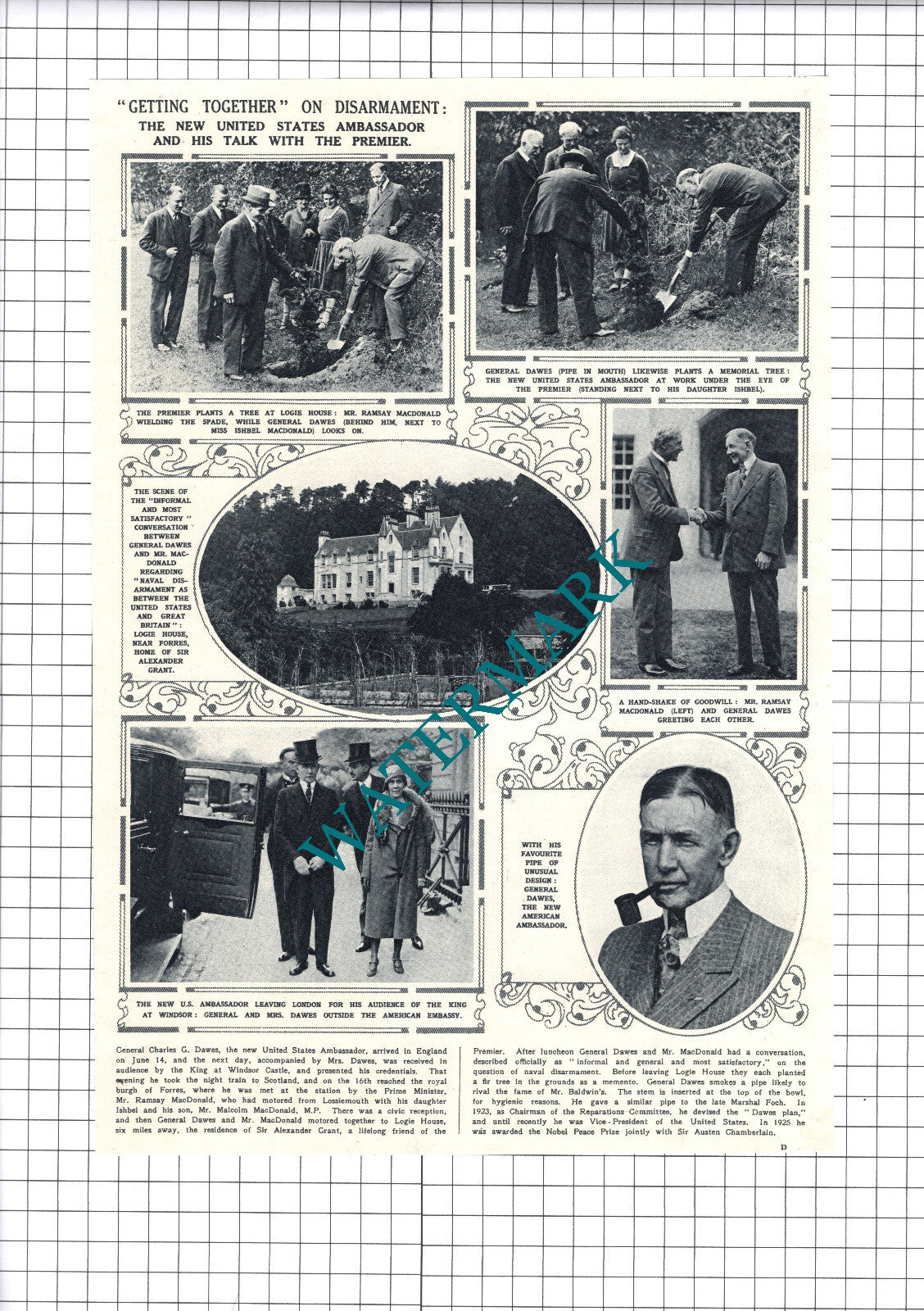 Ramsay MacDonald Gen Charles G Dawes Logie House Grant - 1929 Clipping / Print