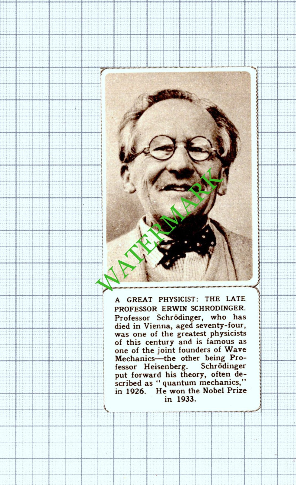 Professor Erwin Schrodinger  Obituary- 1961 Small Cutting