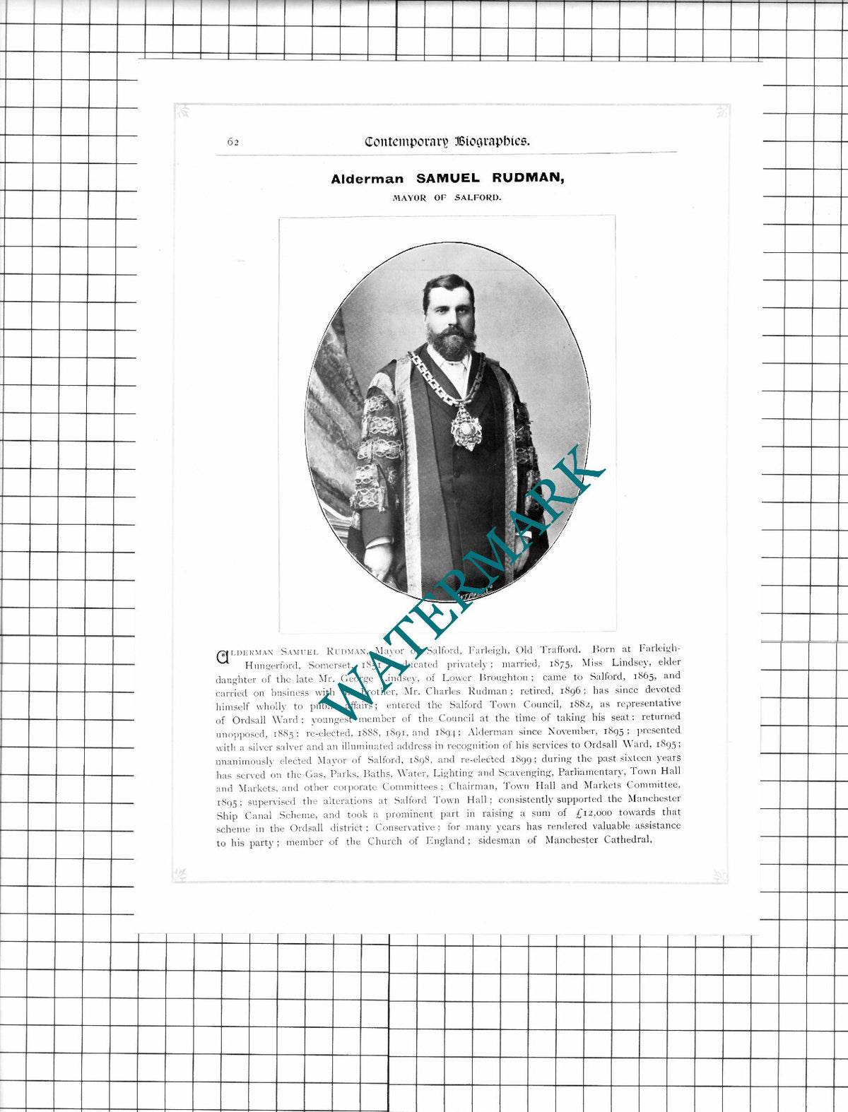 Alderman Samuel Rudman  Mayor Of Salford  - c.1899 Print
