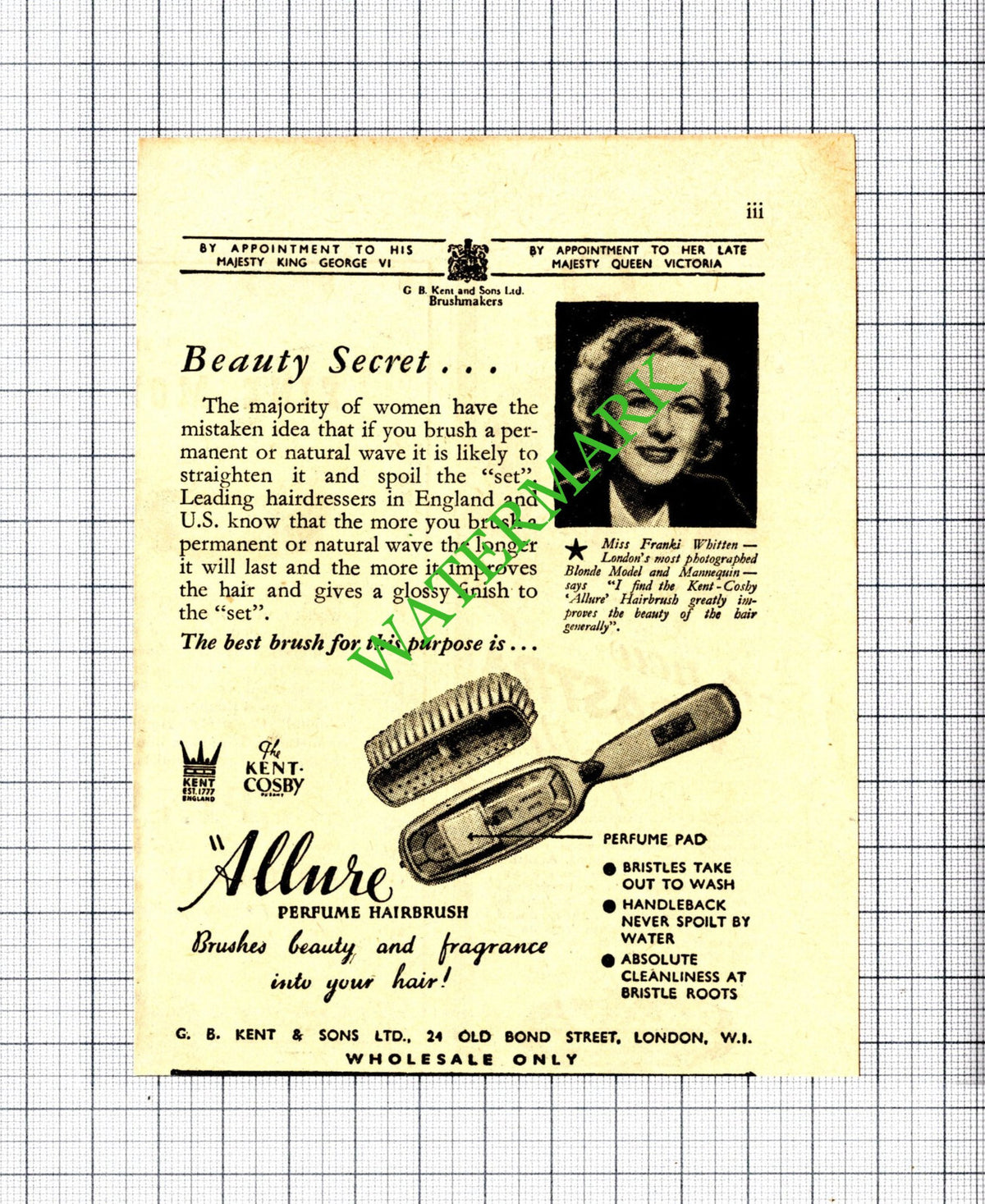 Miss Franki Whitten Model Allure Hairbrush Small Advert - 1947 Cutting