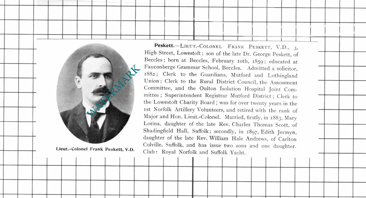 Frank Peskett Lowestoft / Rev Frederick William Palmer Snettisham  -1911 Cutting