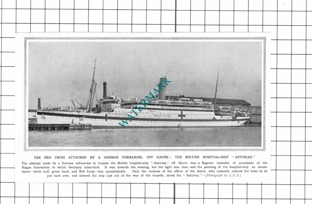 British Hospital Ship ASTURIAS Attacked Great War - 1915 SMALL Clipping / Print