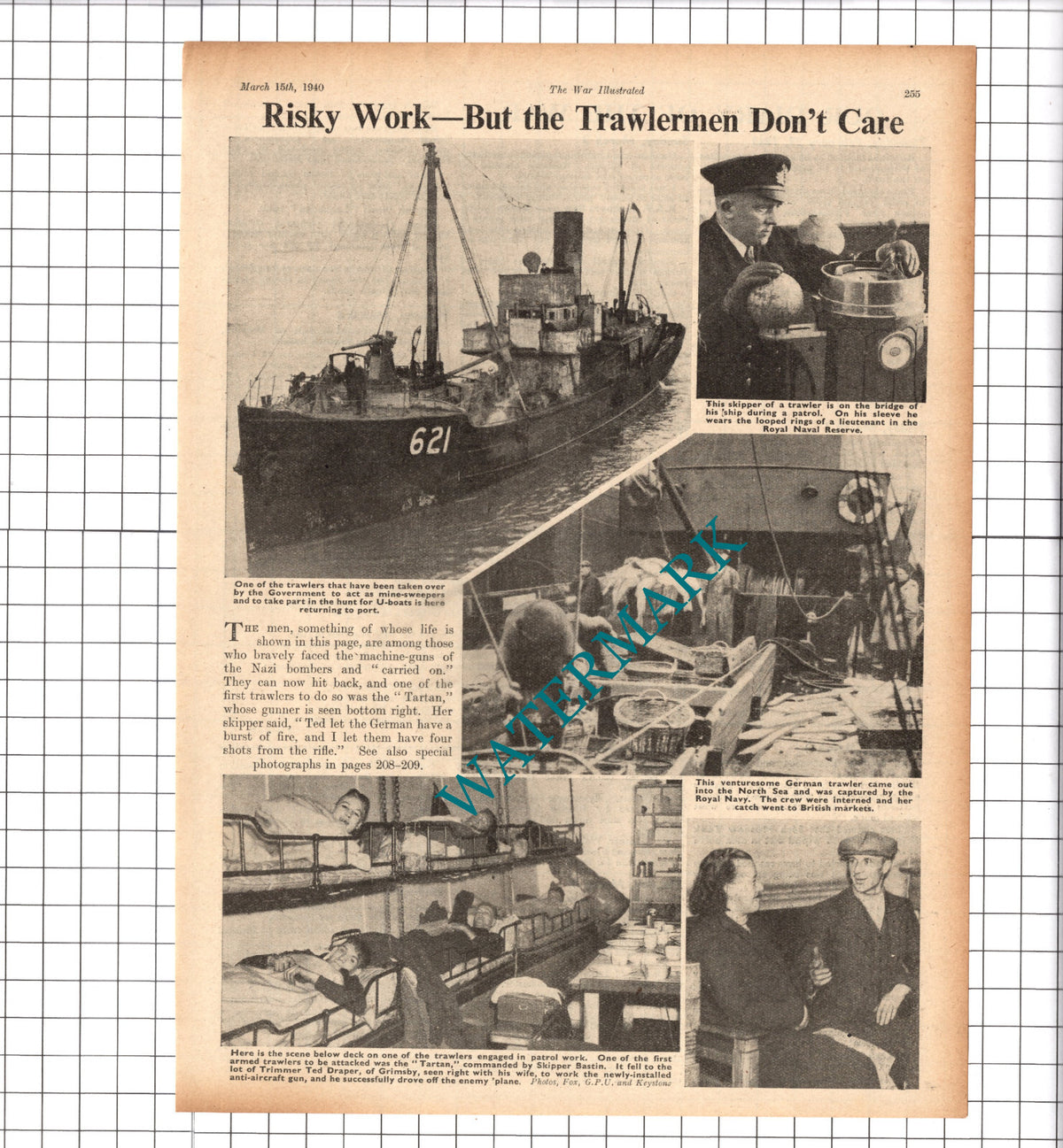 Ted Draper Grimsby Trawler  TARTAN  Mine Sweepers WW2- 1940 Clipping/ Print