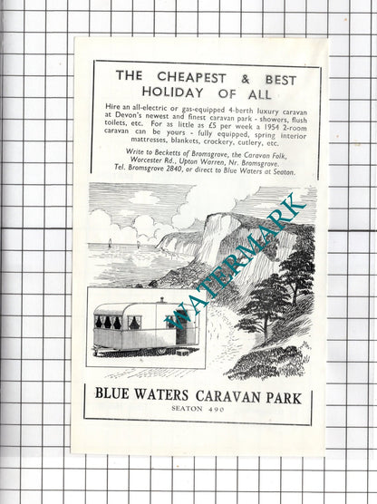Blue Waters Caravan Park Seaton Devon / Durham House Beer Devon- c.1954 Advert