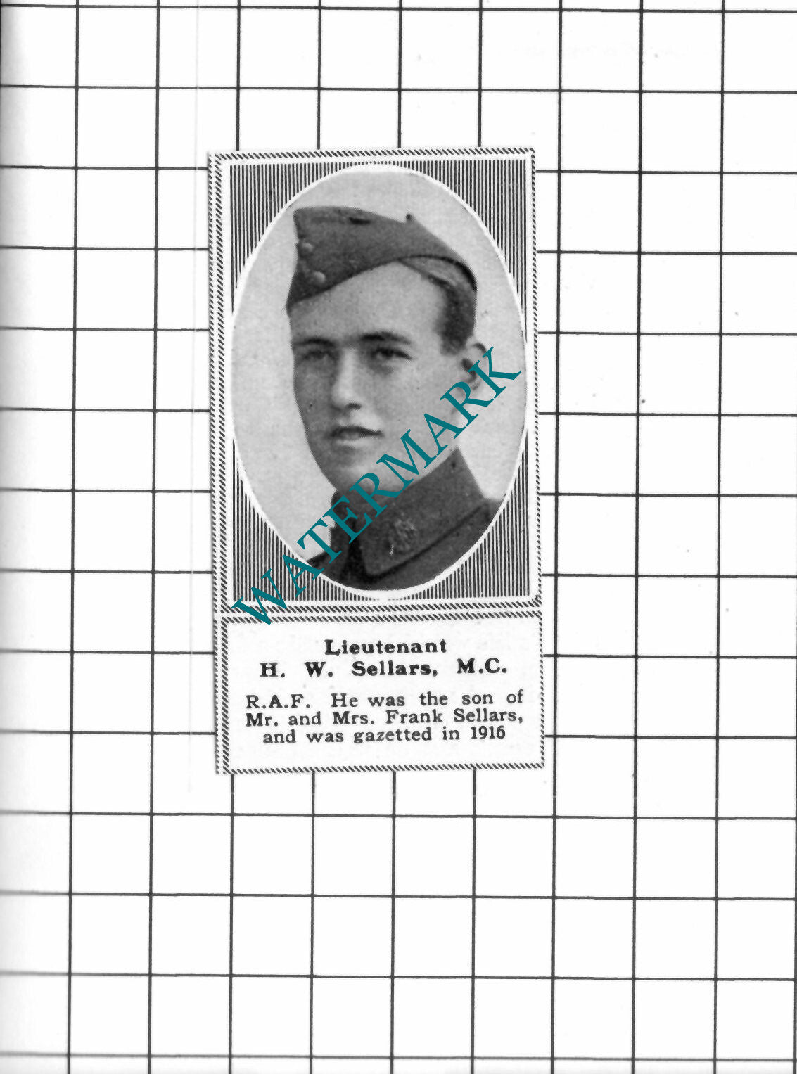 Lt H W Sellars RAF Frank Sellars - c.1918 SMALL Clipping / Print