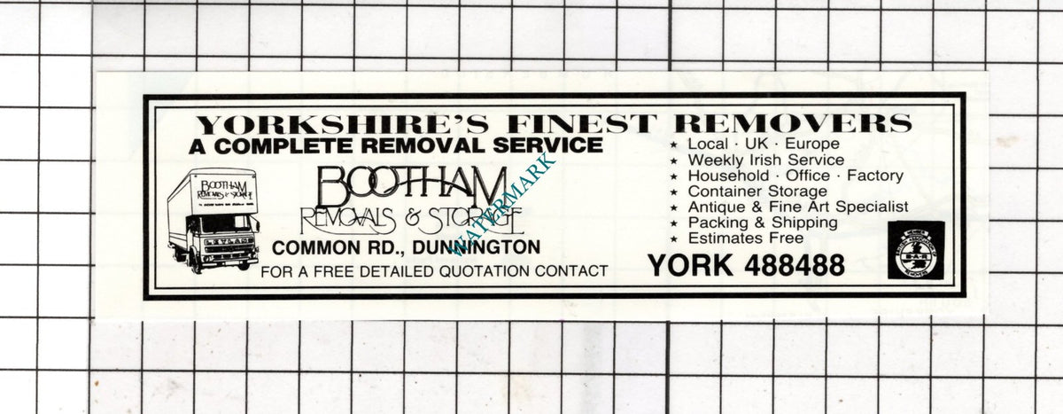 Bootham Removers Dunnington Yorkshire  - c.1980 SMALL Advert