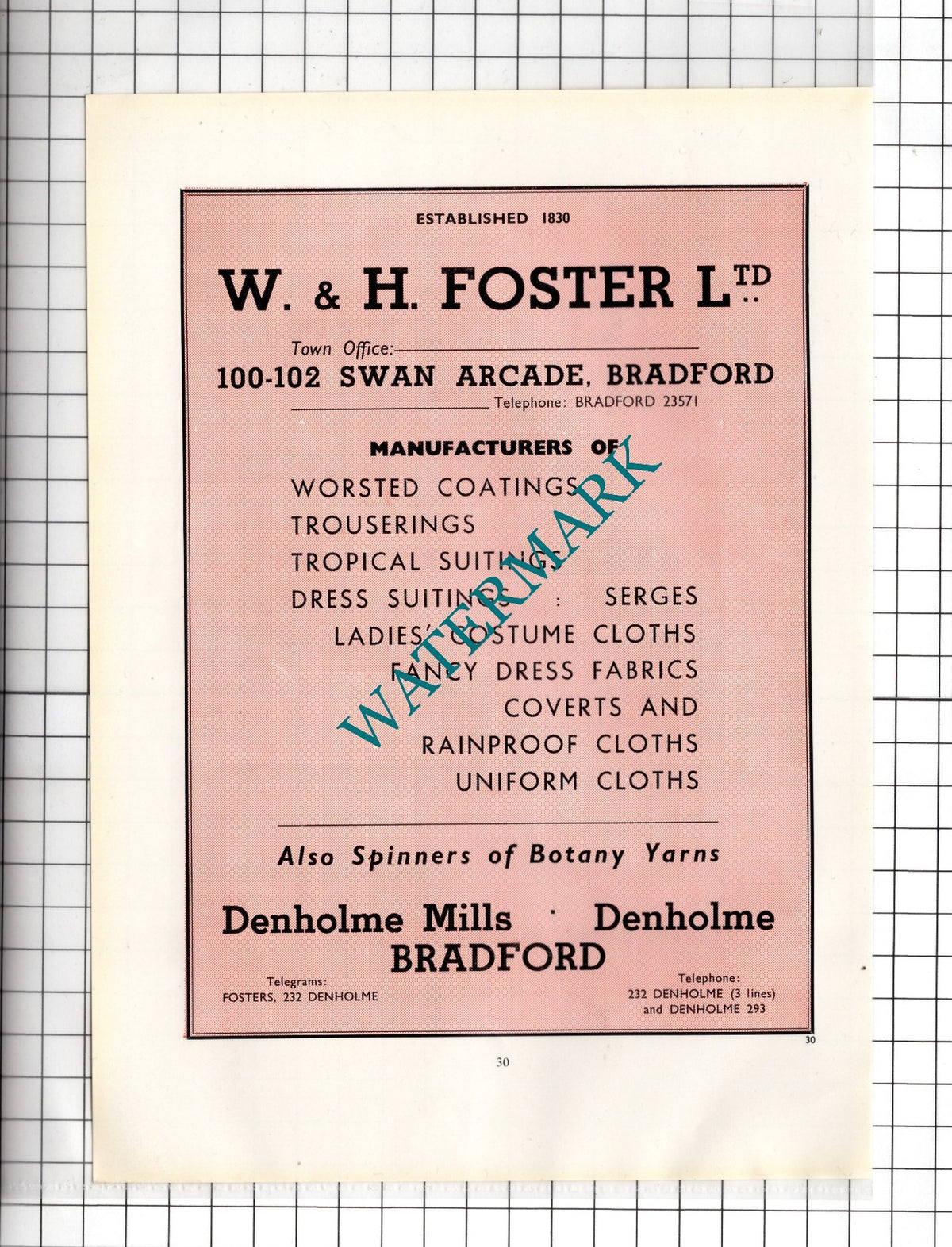 W & H Foster Ltd Denholme Mills Bradford Yorkshire    -  c.1962 Advert