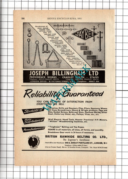 G Brady & Co Ltd Ancoats Manchester  Joseph Billingham Cradley Heath 1954 Advert