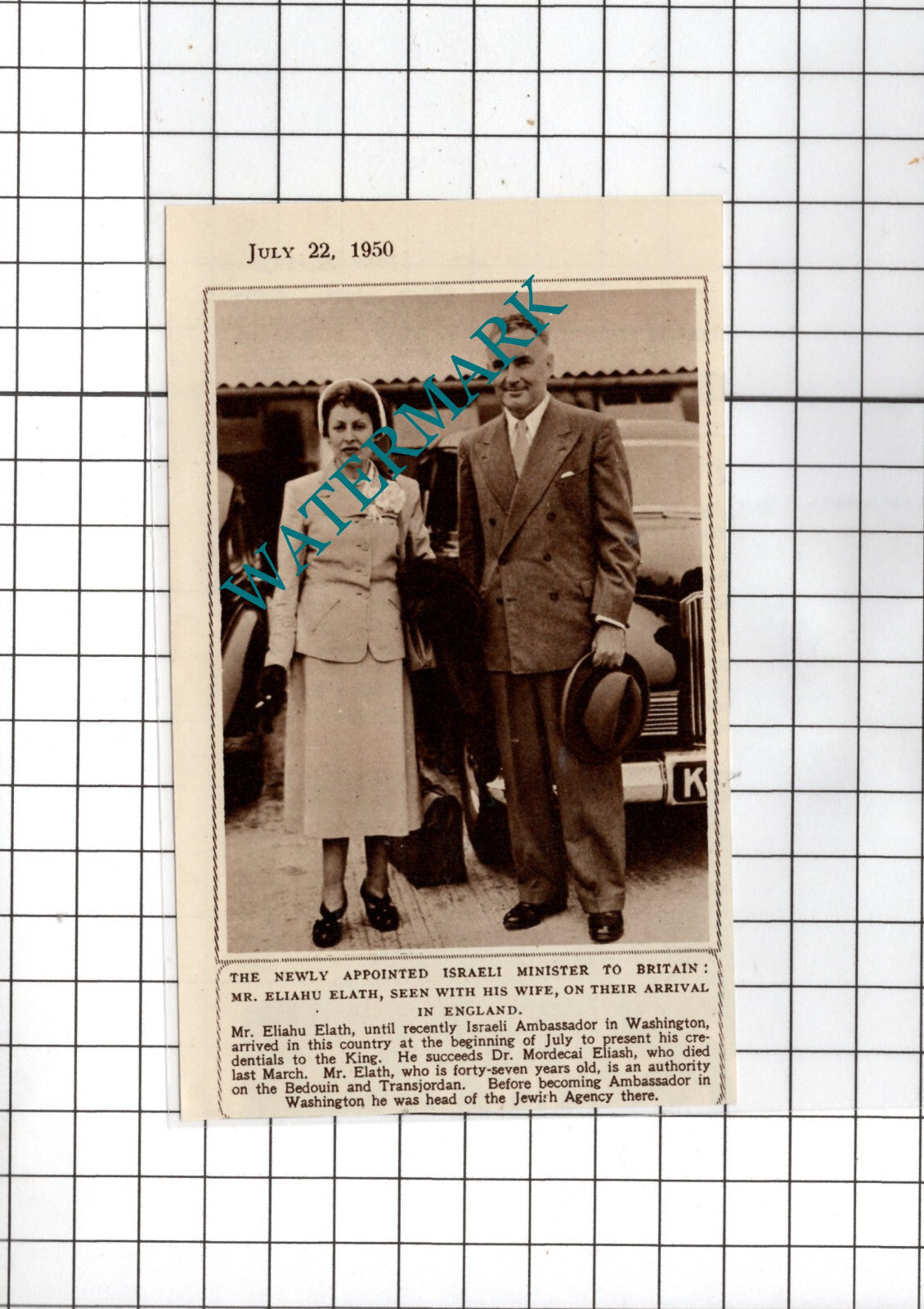 Mr Eliahu Elath Israeli Ambassador  - 1950 Small Cutting