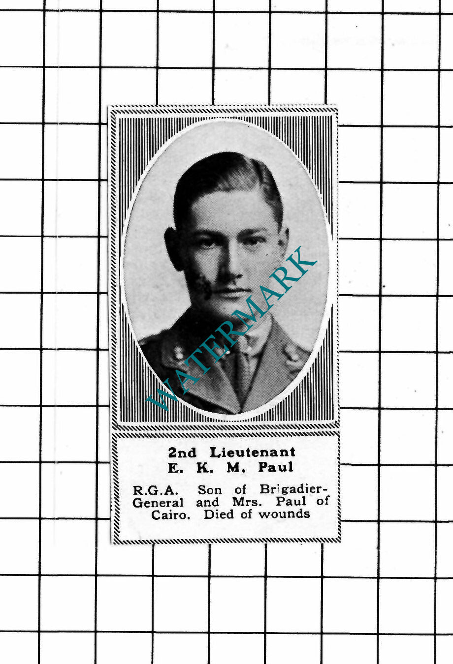 2nd Lt E K M Paul  RGA Cairo  WW1 - c.1918 SMALL Clipping / Print