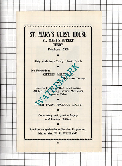 Hereford Guest House Tenby Wales Homer / St Mary's Guest House - 1962 ADVERT