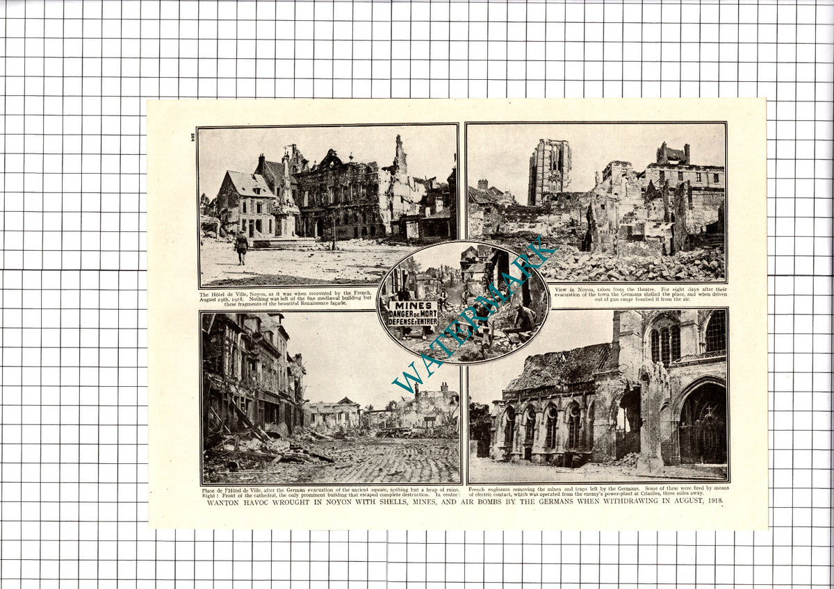 Noyon France Hotel de Ville Great War  WW1 - c.1918 Cutting/ Print