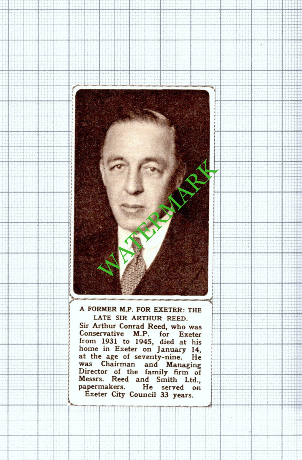 Sir Arthur Conrad Reed Exeter MP  Obituary - 1961 Small Cutting