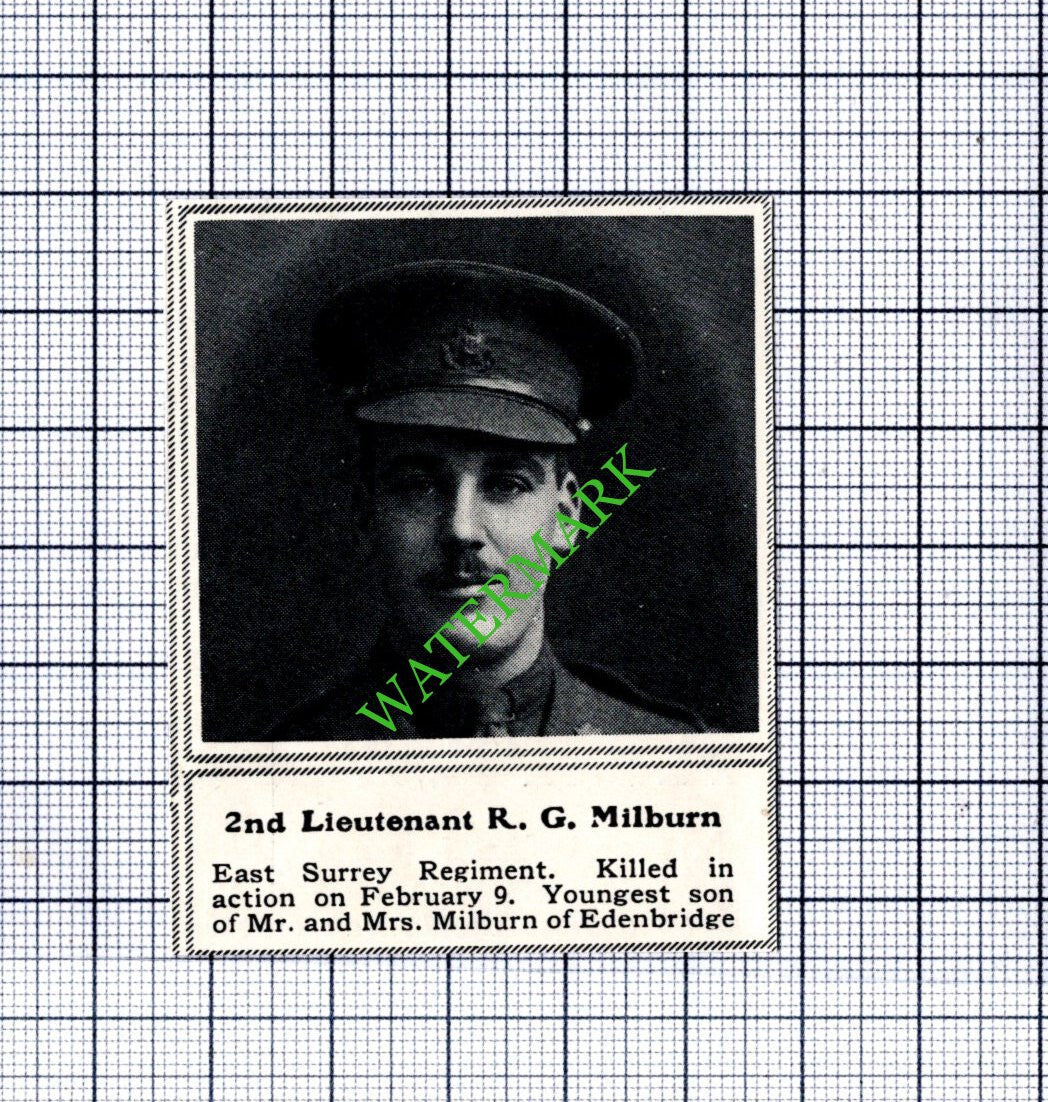 2nd Lt R G  Milburn East Surrey Regiment Edenbridge  WW1 - 1915 SMALL Cutting