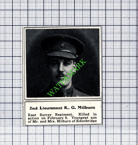 2nd Lt R G  Milburn East Surrey Regiment Edenbridge  WW1 - 1915 SMALL Cutting