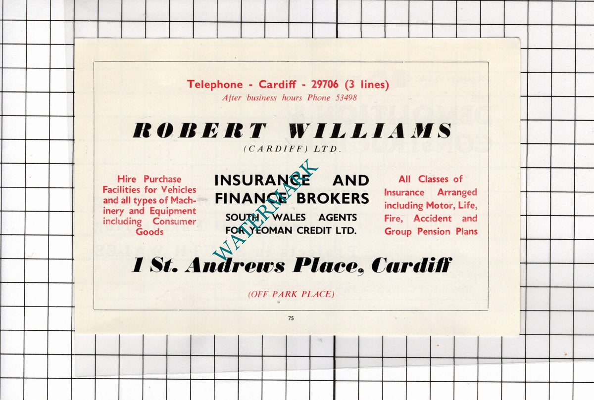 Robert Williams Insurance Brokers Cardiff Wales Advert - 1958 Clipping