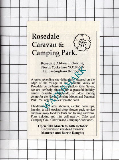 Rosedale Caravan Park Pickering / Sutton Hall Thirsk - 1990 Small Advert