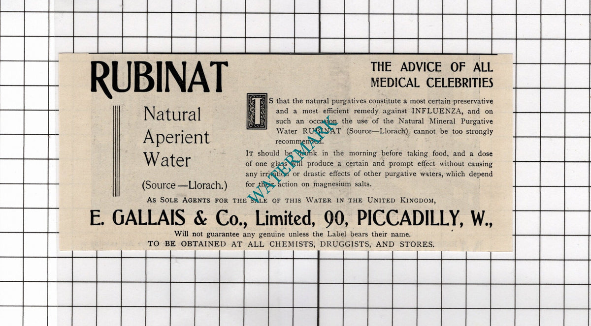 Rubinat Water E Gallais & Co Piccadilly London - 1902 Small Advert