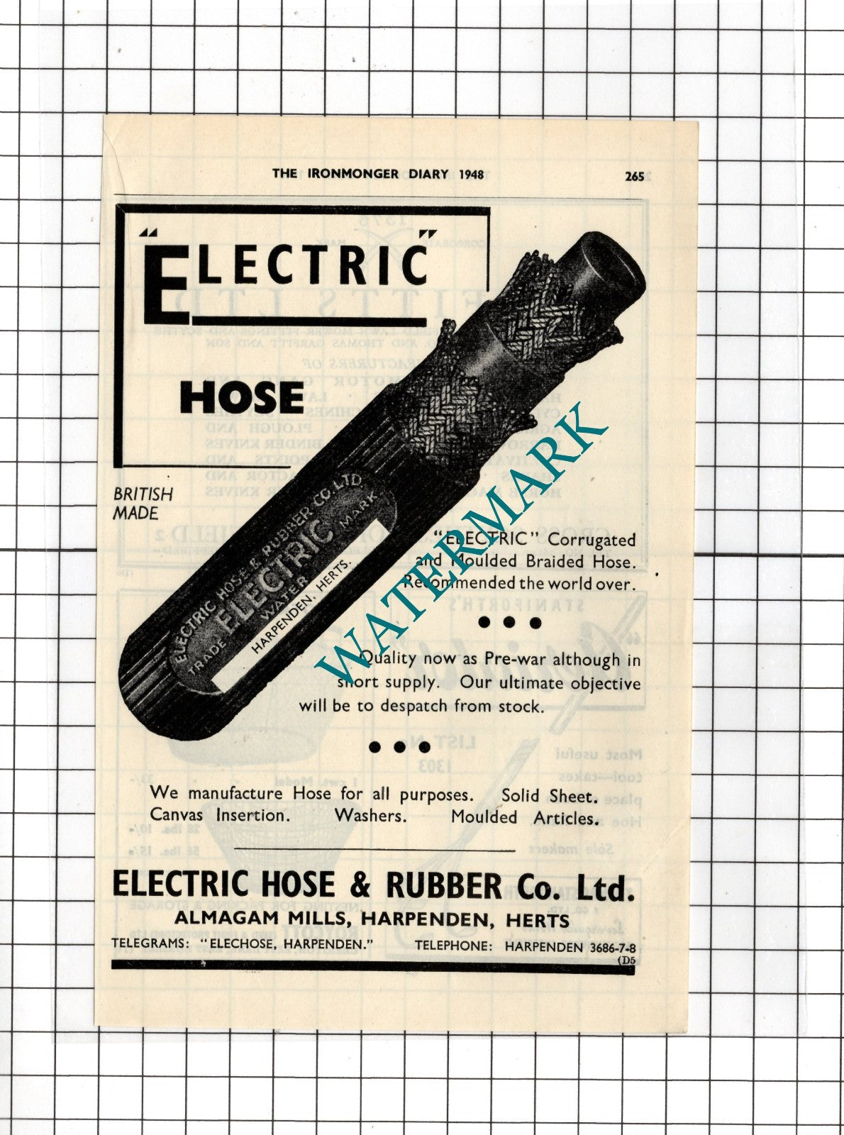 Electric Hose & Rubber Co Ltd Almagam Mills Harpenden Herts - 1948 Small Advert