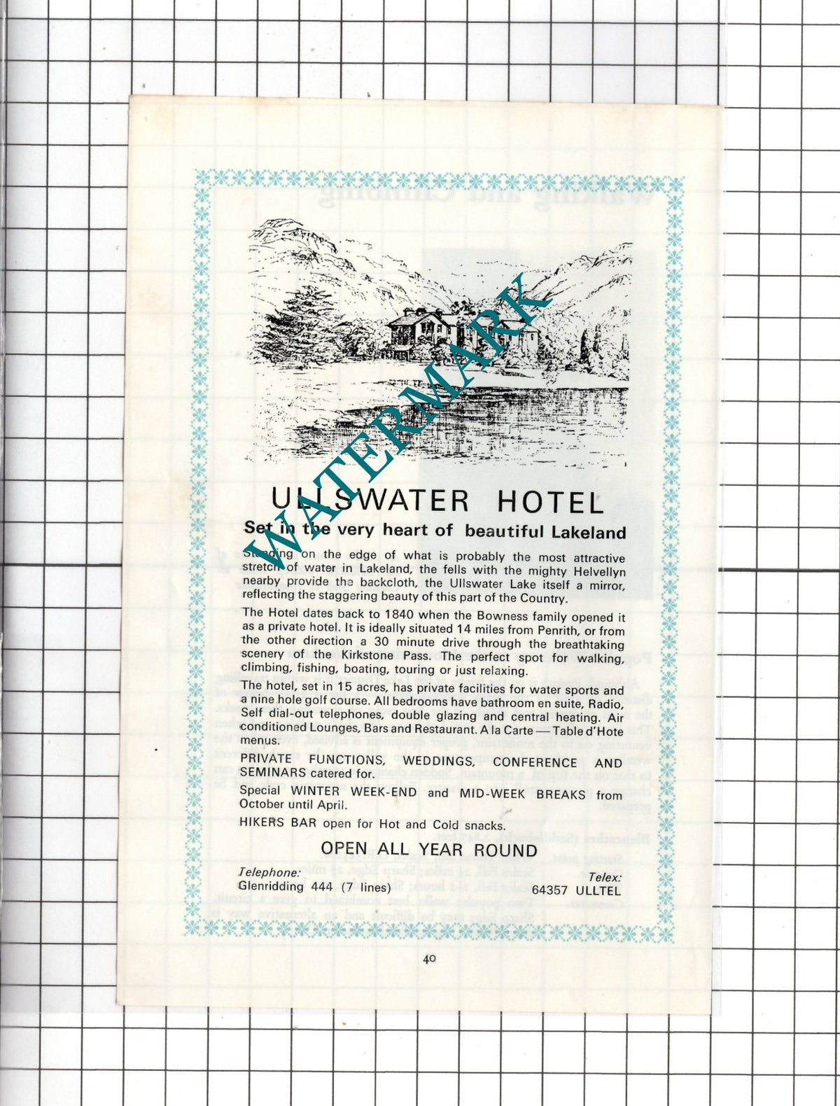 Ullswater Hotel Penrith Cumbria    - c.1975 Advert