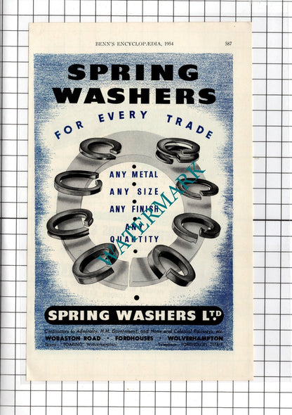 Spring Washers Ltd Fordhouses / Talisman Cloches Bingley Talabel  -  1954 Advert