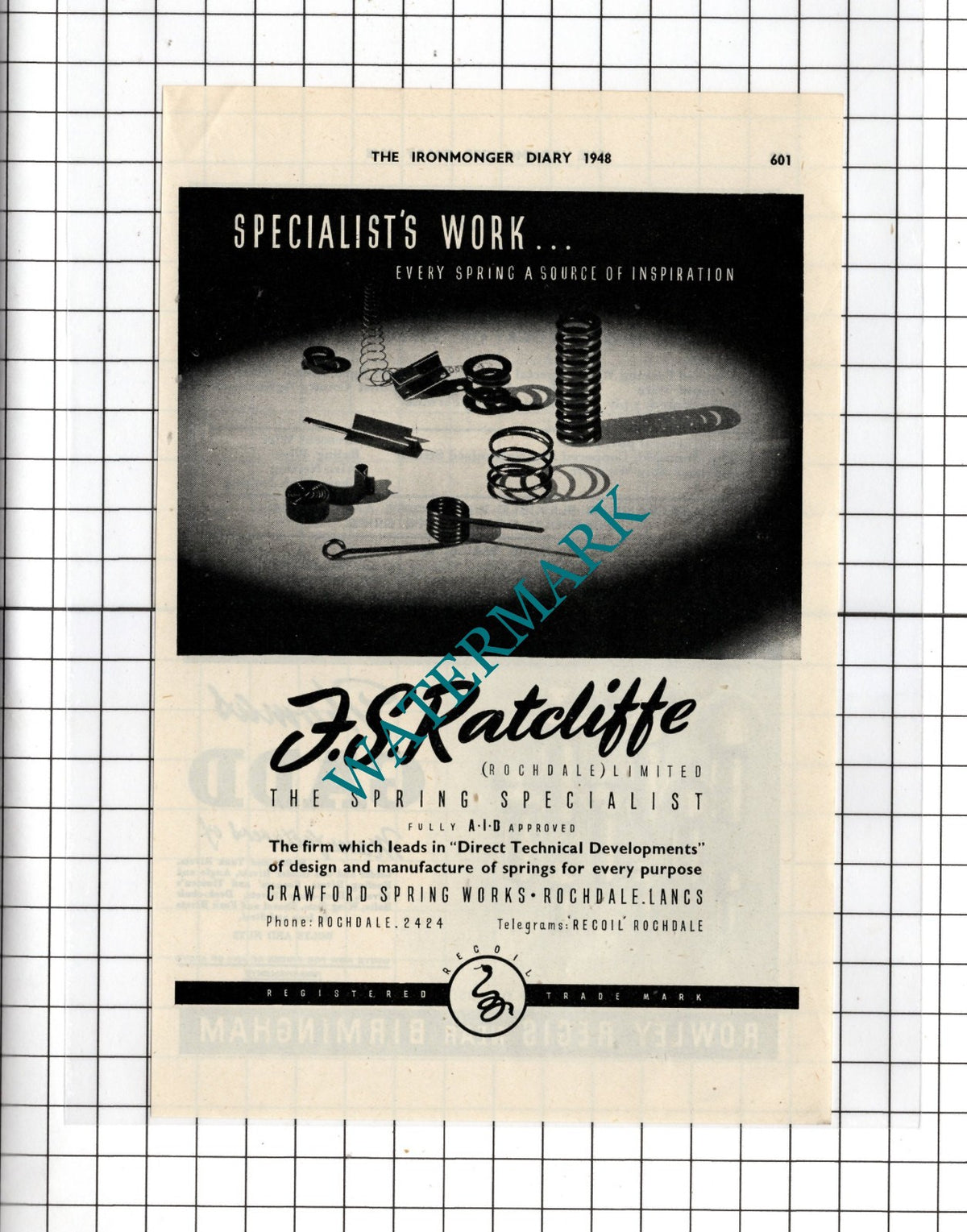 F S Ratcliffe (Rochdale) Ltd  Crawford Spring Works Rochdale - 1948 Small Advert