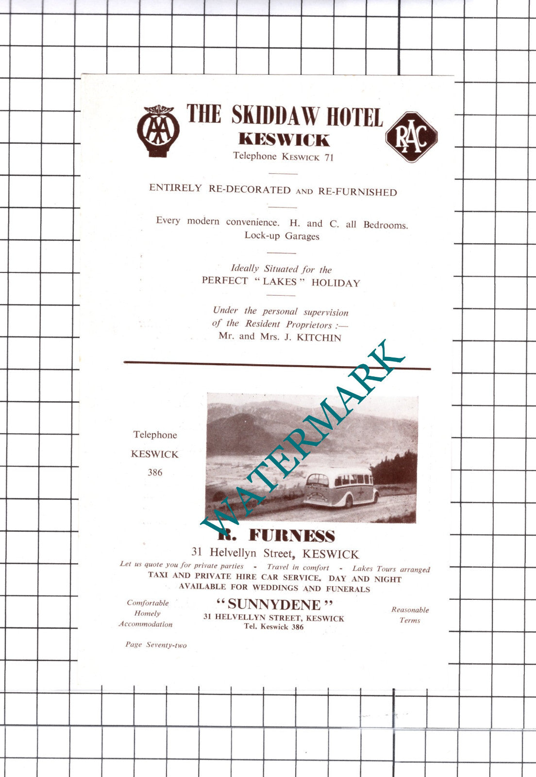 Skiddaw Hotel Keswick Kitchin / R Furness Keswick Advert - c.1952 Cutting
