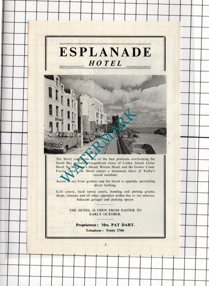 Royal Gate House Hotel Tenby Wales / Esplanade Hotel Tenby Pat Dart -1962 ADVERT