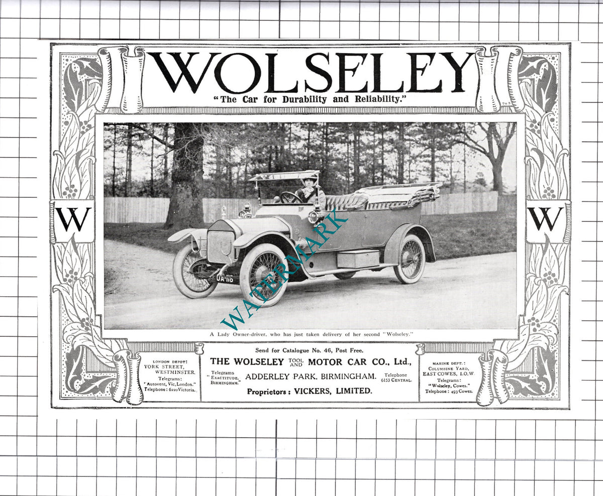 Wolseley Car Advert  - c.1913 Cutting / Print