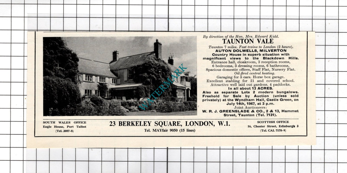 Auton Dolwells Milverton Somerset Hon Mrs Edward Kidd - 1967 House Sale Advert