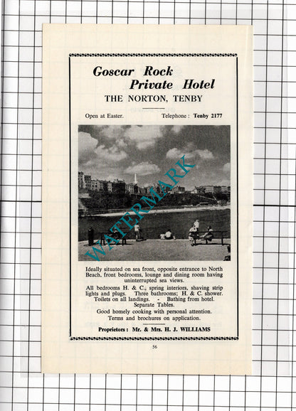 Goscar Rock Hotel Tenby Williams / Sparta Hotel Tenby Wales Rees  - 1962 ADVERT