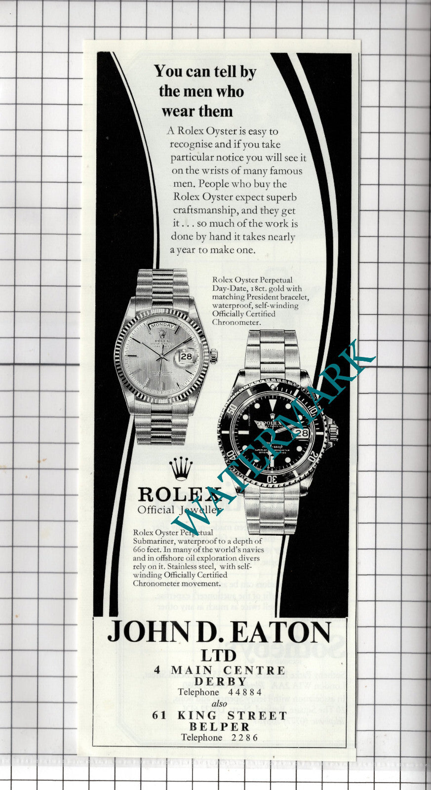 John D Eaton Ltd Derby Rolex Oyster Watch ADVERT    - 1978 Advert