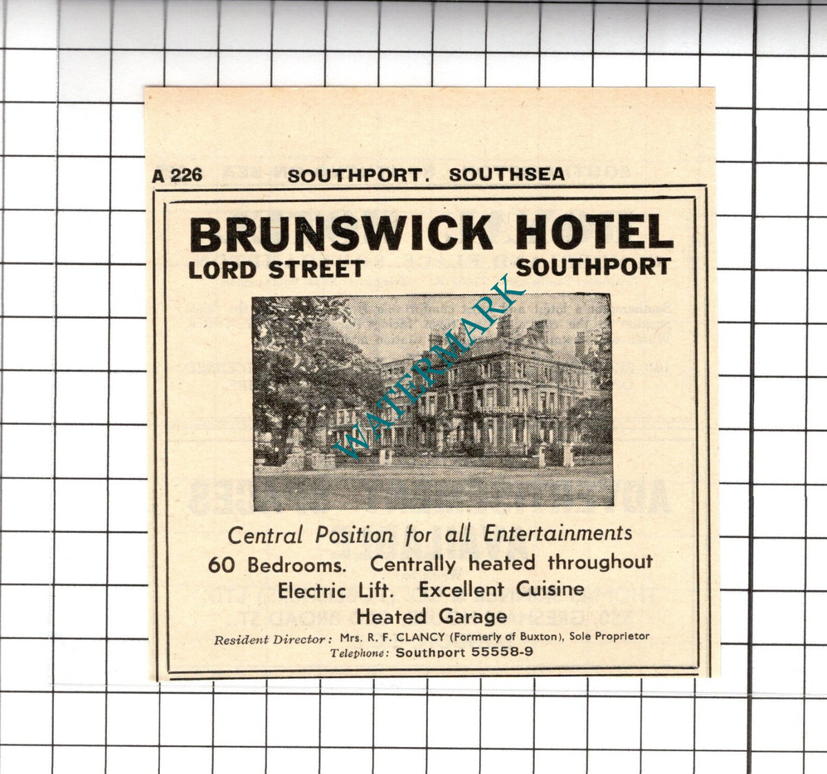 Brunswick Hotel Southport  Mrs R F Clancy Small Advert  - 1958 Cutting