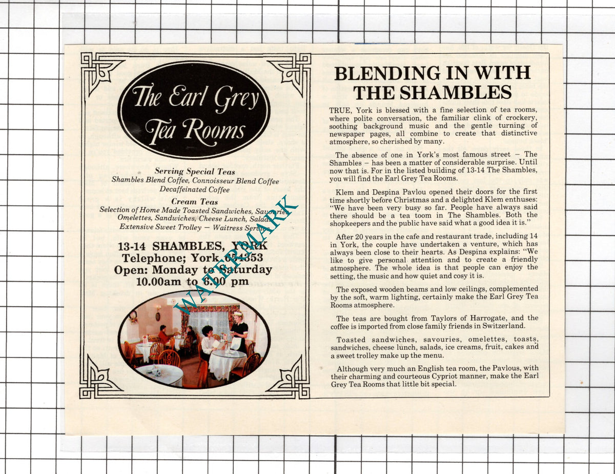 The Earl Grey Tea Rooms Shamles York  Klem Pavlou Advert - 1989 Cutting