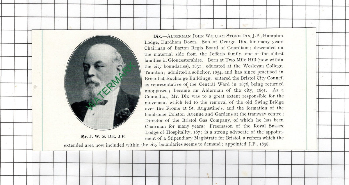 Alderman John William Stone Dix Hampton Lodge Durdham Down - 1898 Clipping