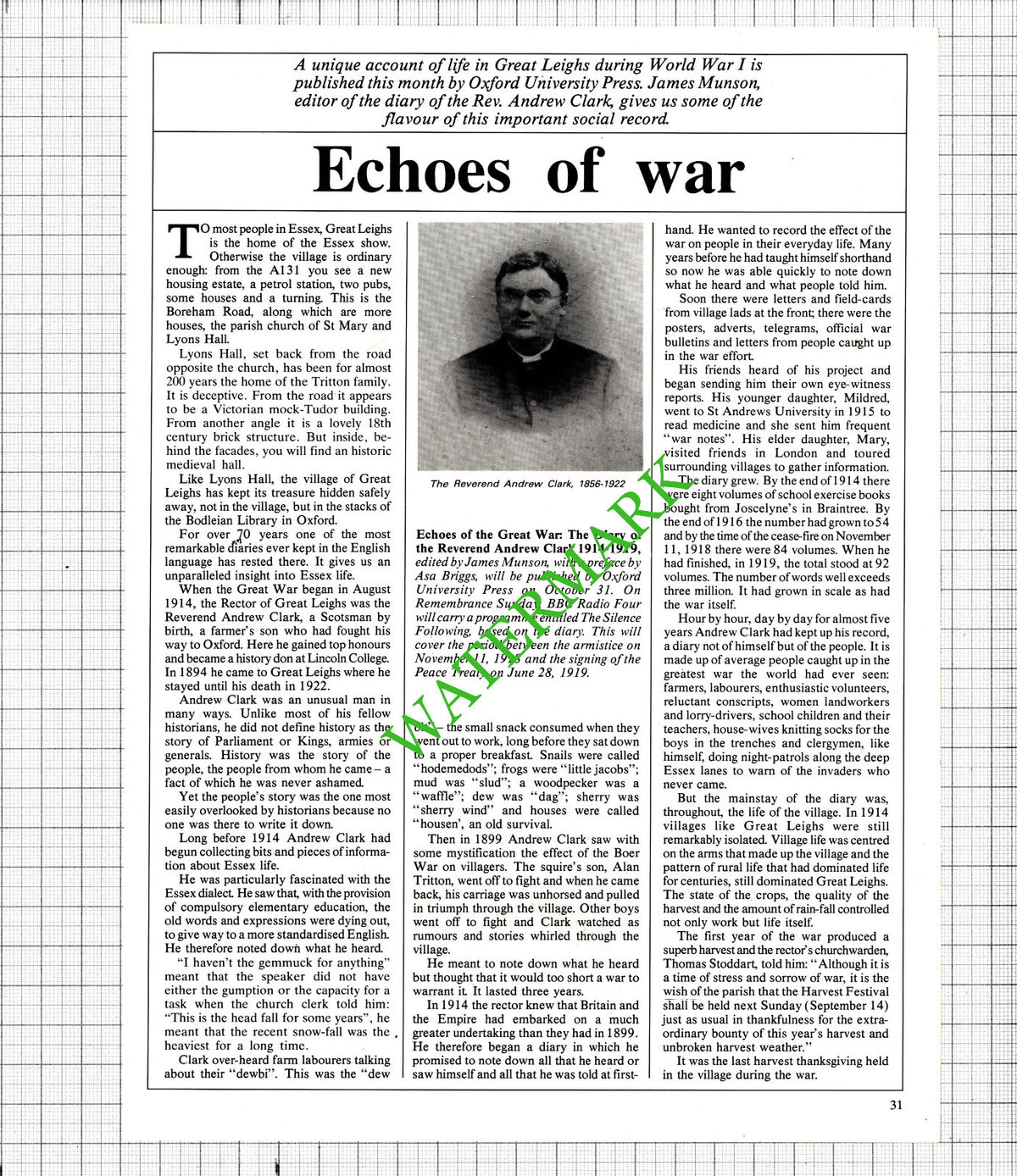 Rev Andrew Clark Great Leighs Essex - 1985 Article / Print
