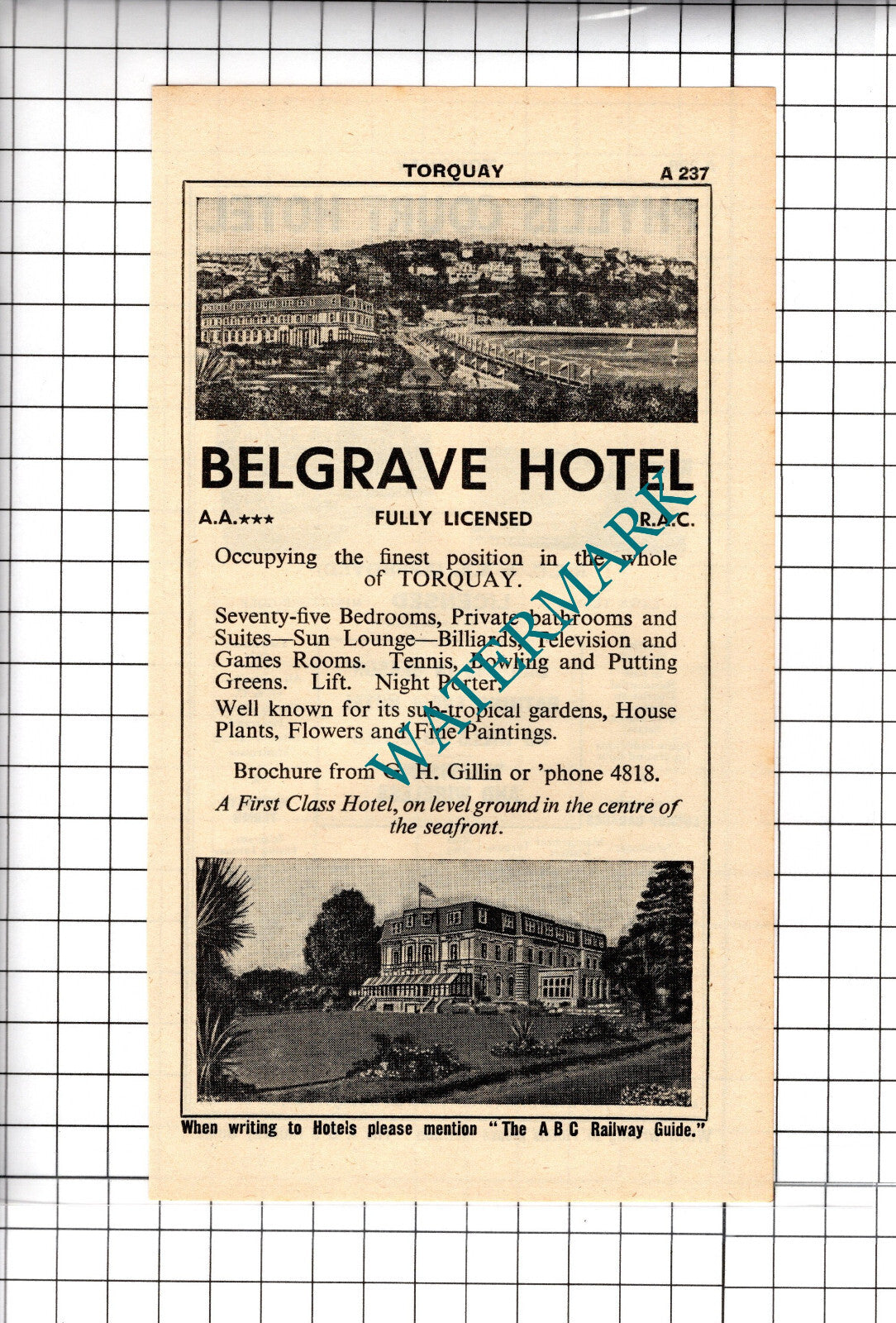 Phyllis Court Hotel Torquay Devon Belgrave Hotel Gillin Advert - 1958 Cutting