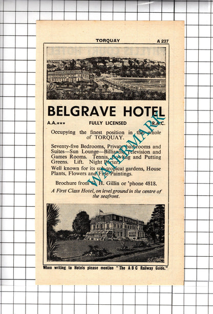 Phyllis Court Hotel Torquay Devon Belgrave Hotel Gillin Advert - 1958 Cutting