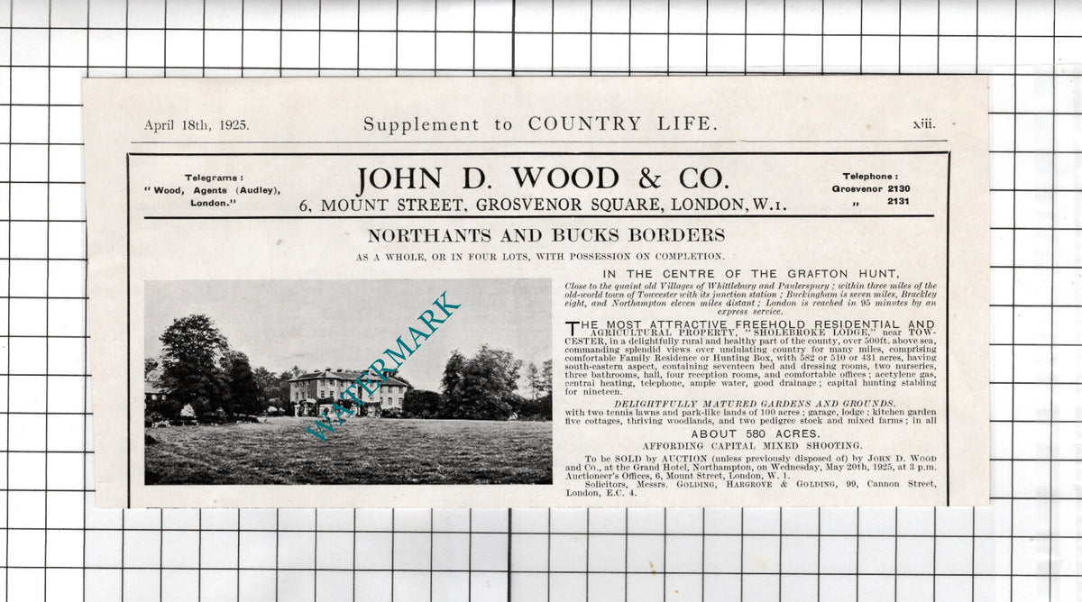 Sholebroke Lodge Whittlebury  Northamptonshire  - 1925 House Sale Advert
