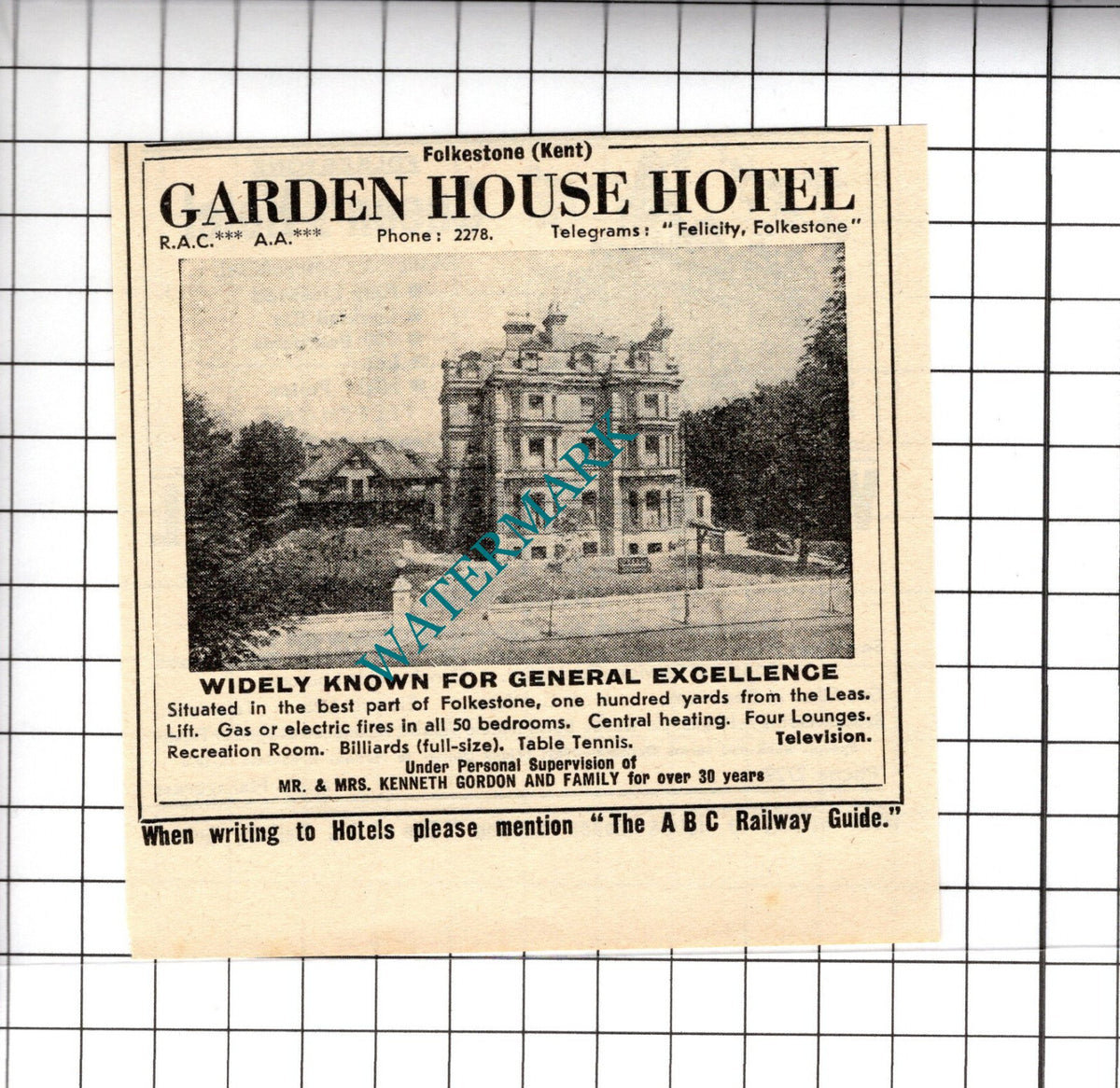 Garden House Hotel Folkestone Kent Kenneth Gordon Small Advert - 1958 Cutting