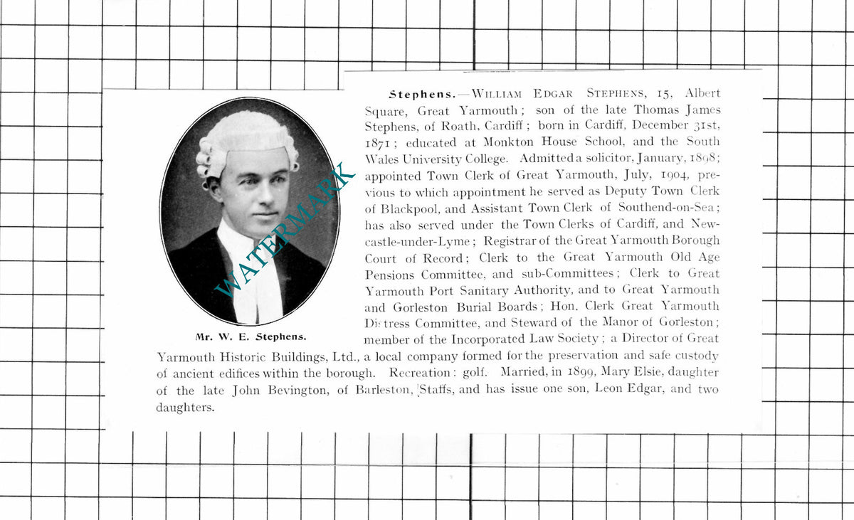 Mr William Edgar Stephens Great Yarmouth Norfolk  - 1911 Clipping
