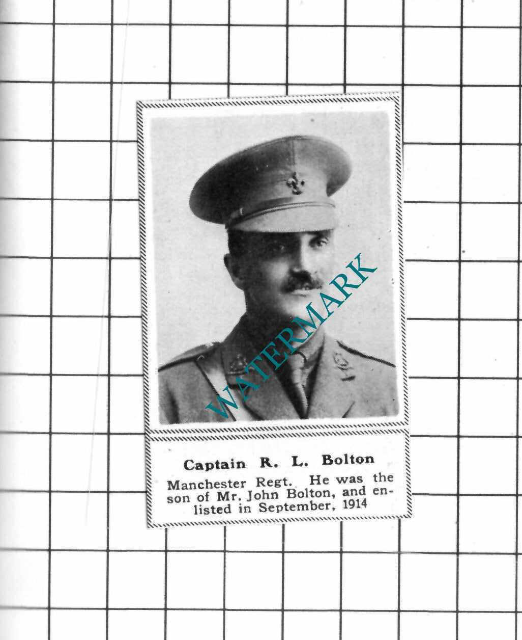 Captain R L Bolton Manchester Regiment - c.1918 SMALL Clipping / Print